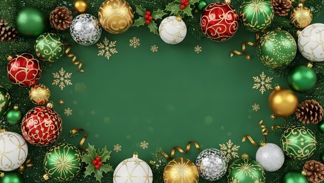 Colorful Christmas Ornaments and Pine Cones Framing Green Background