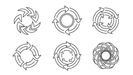 Collection of six distinct black and white line art icons representing circular flow arrows and continuous process cycles