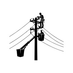 Linemen Working on Power Pole Silhouette, Electricity Maintenance and Service