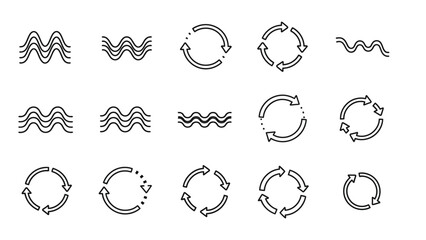 Collection of black line icons representing water waves and various circular refresh or recycle arrow symbols for design