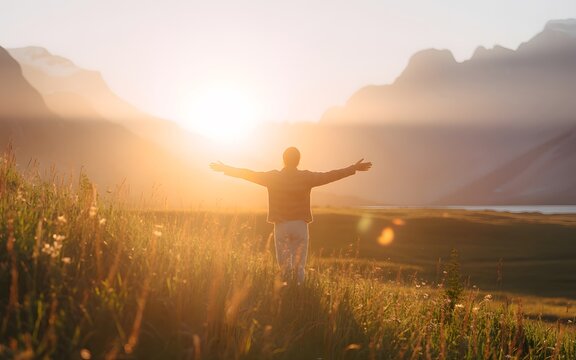 Man standing in field with arms outstretched at sunrise