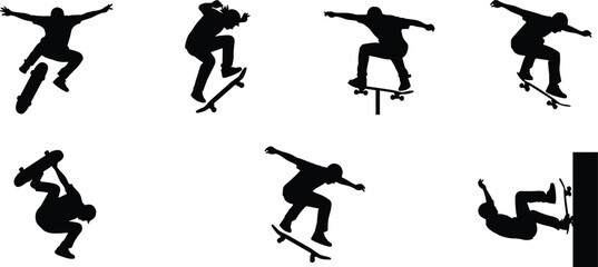 Skier silhouette set, man skiing down mountain slope, winter sport, snow, downhill ski, recreation, extreme cold weather activity