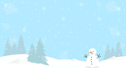 Pine Trees And Snowman In The Snowfall And Clear Blue Sky