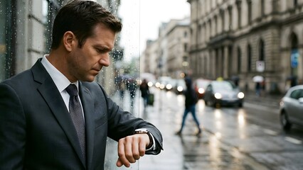 Businessman Waiting and Checking Time on Street.