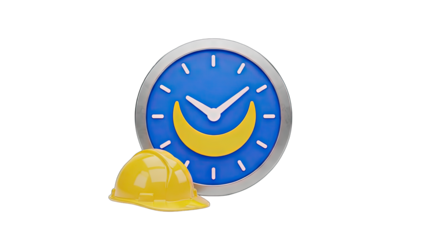 Yellow Hard Hat Next To A Blue Clock With A Yellow Crescent Moon Symbol Isolated On A Transparent Background