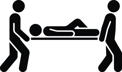 Two black stick figures are carefully transporting a third stick figure lying on a stretcher