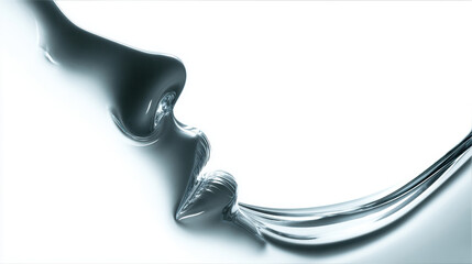 Abstract liquid metal flowing and swirling with light reflections on a white background. A close-up abstract view of a viscous liquid with a metallic sheen, creating dynamic curves and fluid motion.