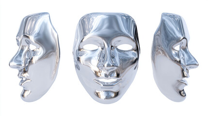 Three polished chrome masks showing front and profile views on a white background. presented from frontal and profile perspectives, isolated on a clean white backdrop.