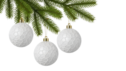 Three white golf ball Christmas ornaments hanging from a pine branch festive holiday decoration for sports enthusiasts isolated on white