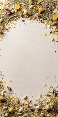 An assortment of dried flowers and herbs arranged around a white surface, food ingredients backdrop.
