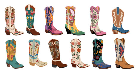 Collection of different decorative western cowboy boots with floral and geometric patterns.  Colorful flat vector illustrations isolted on transparent background.