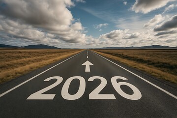 Road to 2026 Concept &ndash; Long Open Highway Leading Forward Through Green Countryside, Symbol of Future, Progress, Goals, Planning, and New Beginnings