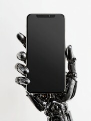 Futuristic render of a robotic hand holding a modern smartphone against a white background.