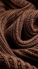 Close-up showcasing the rich textures and intricate knit patterns of a coiled brown fabric.