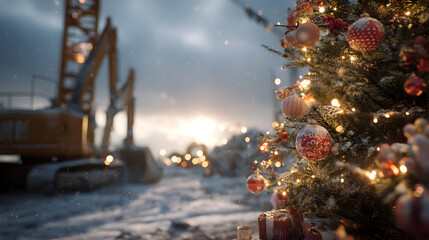 Close-up of decorated Christmas tree branches with gifts on snowy construction site, excavator and crane in background, snowfall and winter sun.