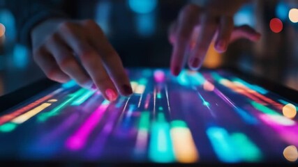 Woman interacting with digital interface with motion graphic elements showing data visualization - Powered by Adobe