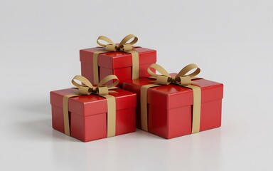 Fototapeta premium Three red gift boxes with gold ribbon isolated on white background
