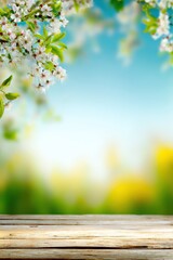 White blossoms frame a bright, airy scene with a wooden surface, inviting the start of spring.