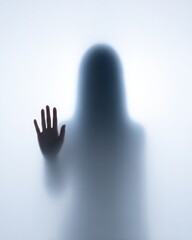 A blurry person standing behind a white frosted glass panel with a hand pressed against the panel.