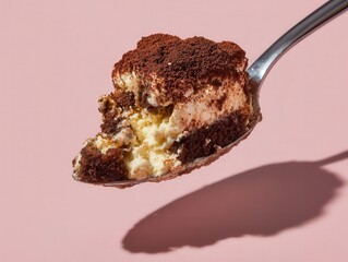 A spoonful of rich tiramisu, showcasing layers of coffee-soaked sponge and creamy mascarpone.