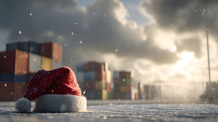 Santa Claus hat placed on snowy industrial port, containers in background, concept of Christmas celebration in the industrial setting and environment.