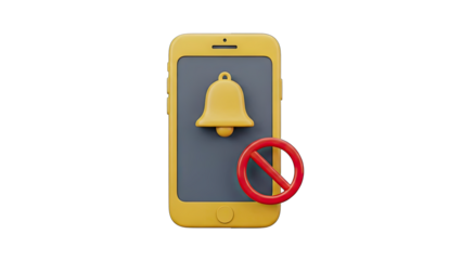 Yellow Smartphone Displaying a Golden Bell Icon with a Red Prohibition Symbol Against a Transparent Background