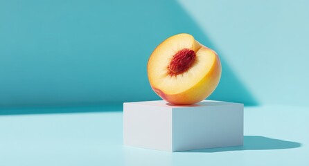 Elegant photo of a peach half showcased atop a clean white cube, bathed in a cool blue hue.