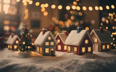 Miniature christmas houses with glowing windows and festive tree