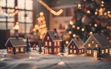 Miniature christmas houses with lights on snowy scene