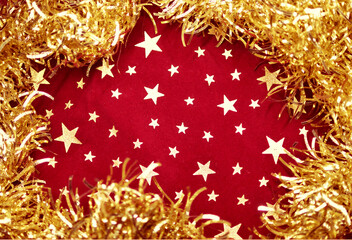 クリスマスツリーガーランドで囲った星柄の布　きらきらなパーティー装飾フレーム　コピースペース