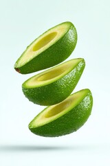 Three avocado halves are floating in the air against a light blue and white gradient backdrop.