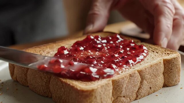 Close up of a hand using a knife to spread red fruit jam on a slice of toasted bread