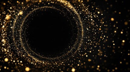 A dazzling display of golden light particles swirling around a central black vortex of nothingness.