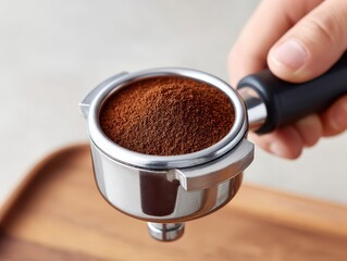 Close-up of hand holding a portafilter filled with dark, ground coffee, ready for espresso making.