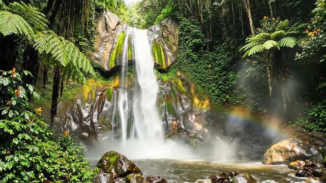 Eye-level angle portrait of a lush rainforest waterfall cascading over mossy rocks with vibrant green foliage and delicate mist photorealistic 4K 10s