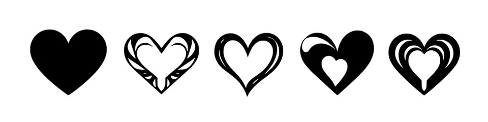 Set of black heart icons combining solid fills and abstract decorative shapes isolated on white background for love romance valentine wedding and graphic design