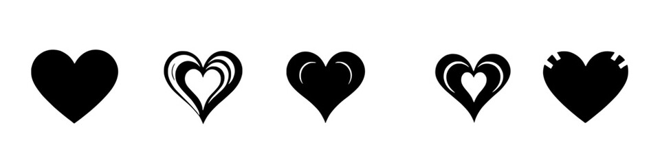 Set of black heart icons featuring solid fills and subtle abstract cut and inner shapes isolated on white background for love romance valentine and graphic design