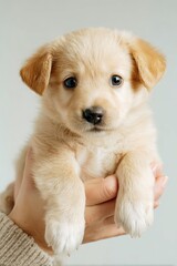 A golden puppy with soft fur is gently held in a person's hands, looking directly at the viewer.