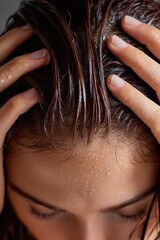 Close-up shot of a woman with wet, dark hair. Her hands rest on her head, fingers spread.