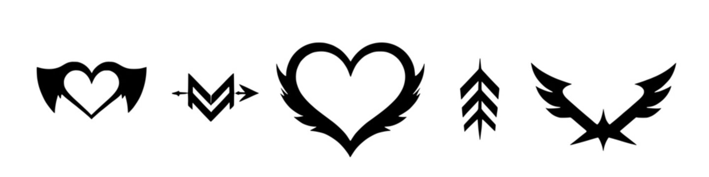 Black winged heart and arrow symbols in a clean minimalist vector style representing love freedom romance and direction isolated on white background