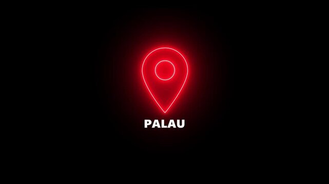 Red neon location pin icon with the word Palau on a black background map marker navigation