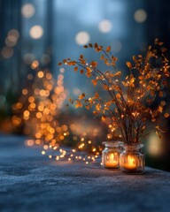 Warm Glow of Candles and Vases with Lights in Soft Focus Background