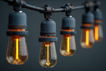Vintage String Lights with Raindrops on Bulbs in Soft Focus Background