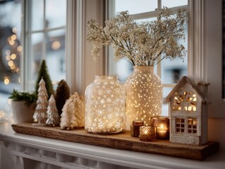 Cozy Winter Decor with Lights and Natural Elements in Window Setting