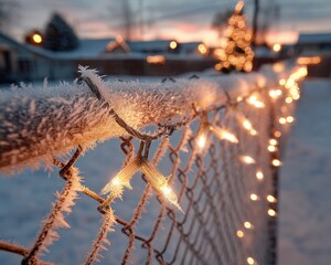 Frosty Fence with Twinkling Lights and Winter Sunset Background