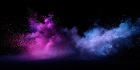 An exciting burst of purple and blue cloud-like dust on a black backdrop, creating contrast.