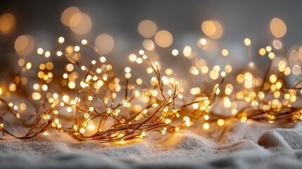 Illuminated Twinkling Fairy Lights on Soft Fabric Surface at Night