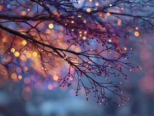 Magical Twilight Scene with Illuminated Branches and Glowing Lights