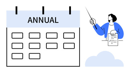 Large calendar labeled Annual, person presenting with a pointer and document. Ideal for planning, scheduling, business strategy, deadlines, organization, time management, simple flat metaphor