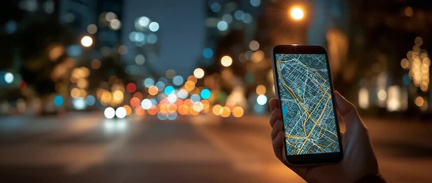 In a city at night, a traveler uses a smartphone with a navigator to find their whereabouts.